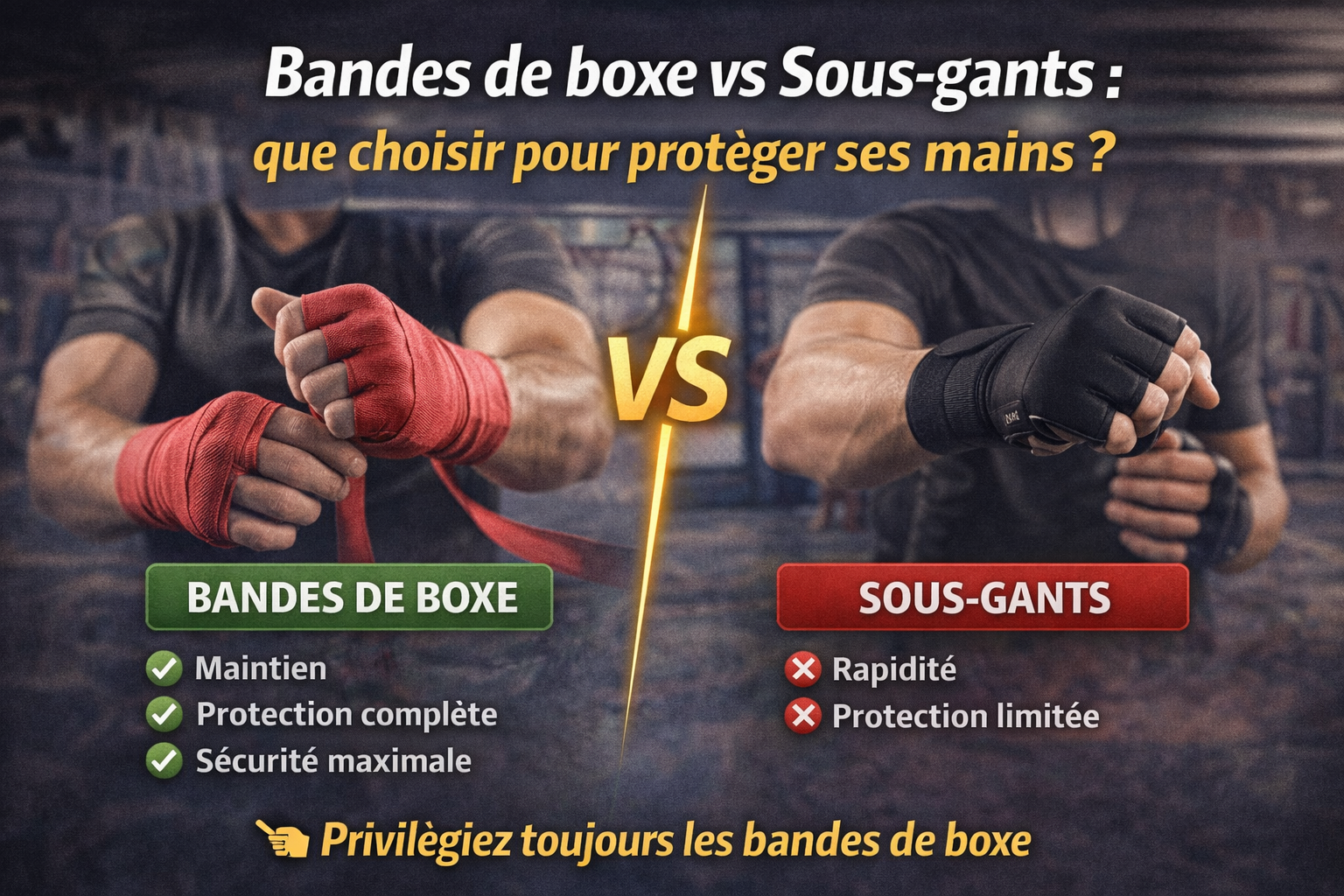 Bandes de boxe et sous-gants pour sports de combat - comparatif protection des mains